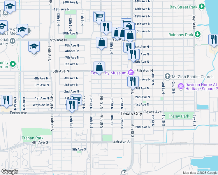 map of restaurants, bars, coffee shops, grocery stores, and more near 820 2nd Avenue North in Texas City