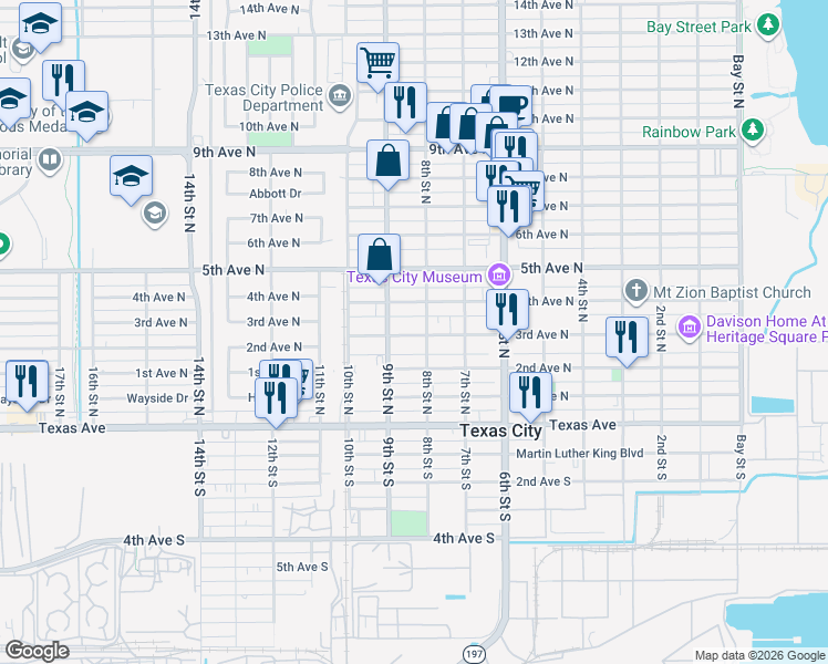 map of restaurants, bars, coffee shops, grocery stores, and more near 820 2nd Avenue North in Texas City