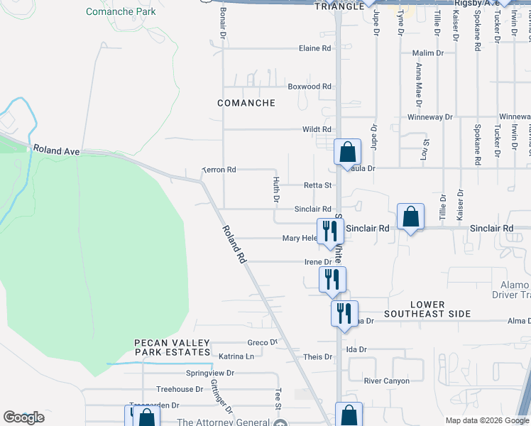map of restaurants, bars, coffee shops, grocery stores, and more near 115 Mary Helen Drive in San Antonio