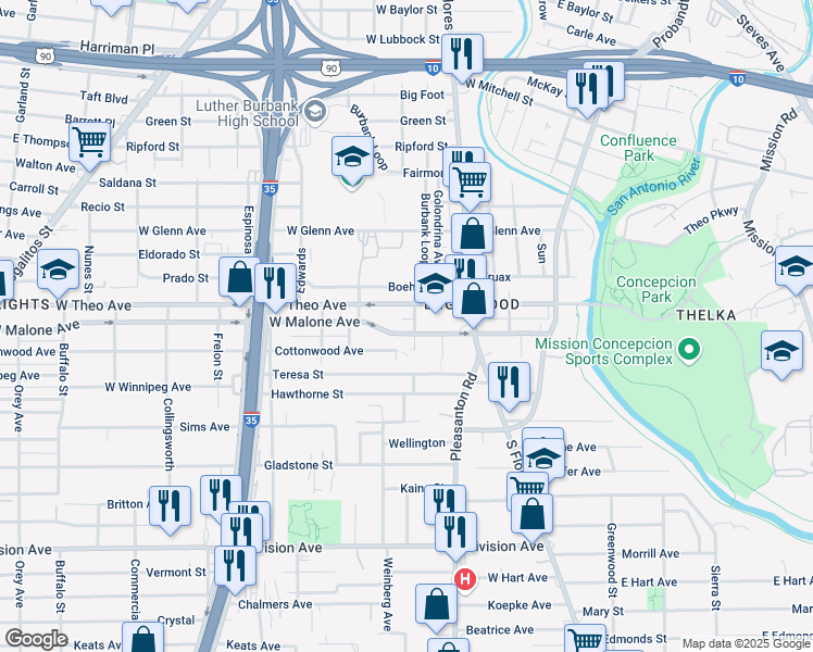 map of restaurants, bars, coffee shops, grocery stores, and more near 308 West Malone Avenue in San Antonio