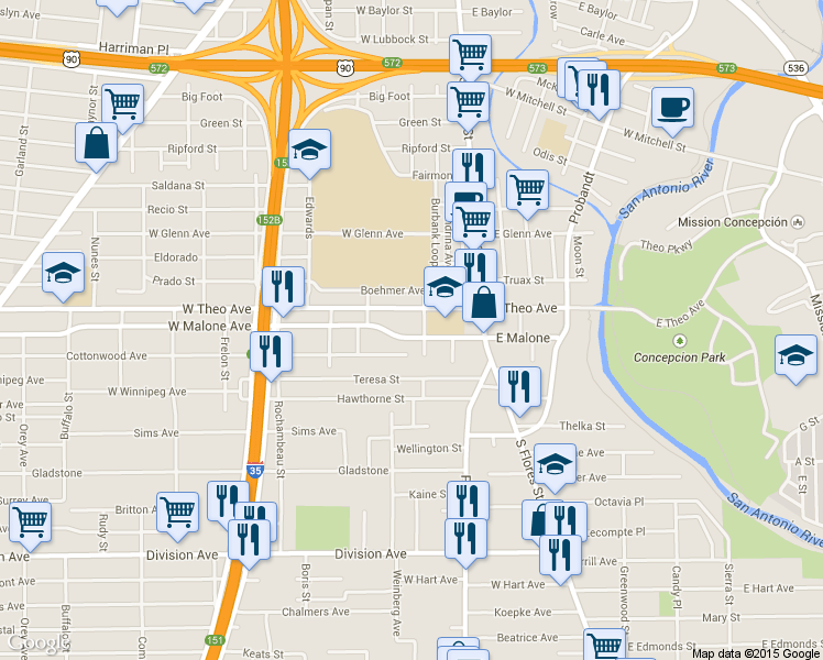 map of restaurants, bars, coffee shops, grocery stores, and more near 308 West Malone Avenue in San Antonio