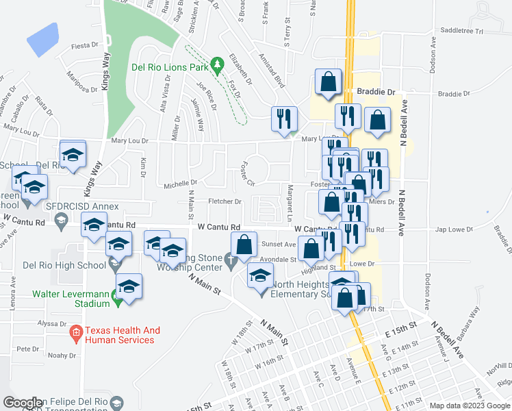 map of restaurants, bars, coffee shops, grocery stores, and more near 109 Fletcher Drive in Del Rio