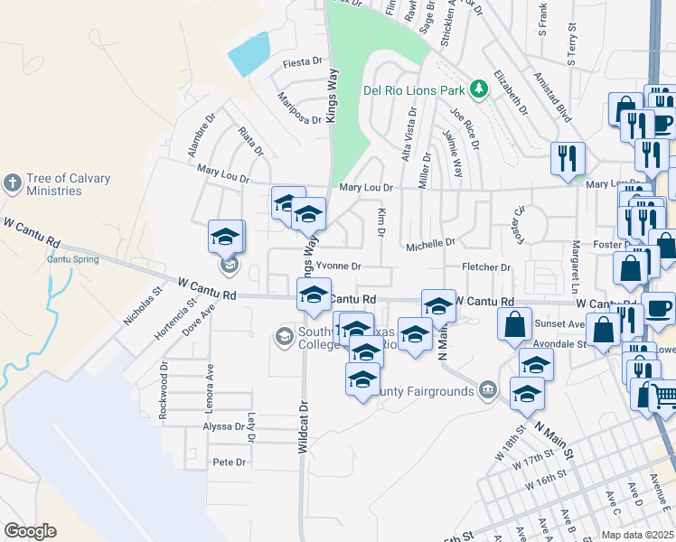 map of restaurants, bars, coffee shops, grocery stores, and more near 50 Yvonne Drive in Del Rio
