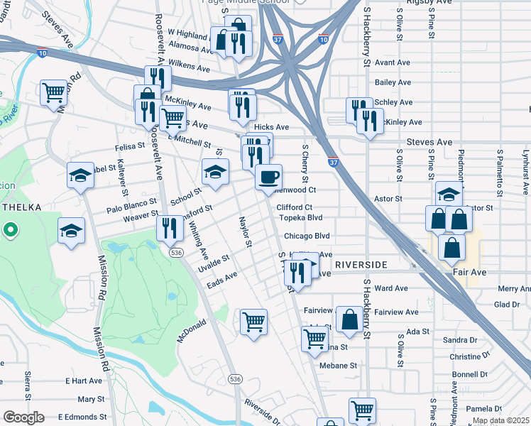 map of restaurants, bars, coffee shops, grocery stores, and more near 3500 South Presa Street in San Antonio