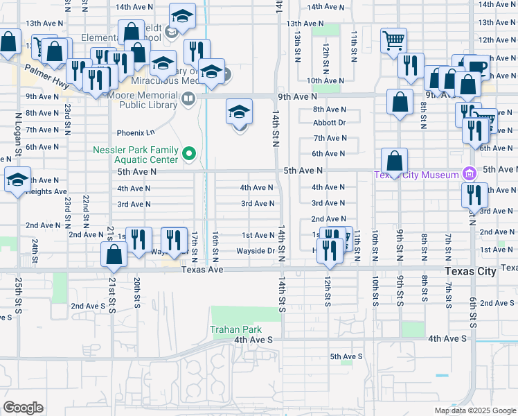 map of restaurants, bars, coffee shops, grocery stores, and more near 1417 4th Avenue North in Texas City