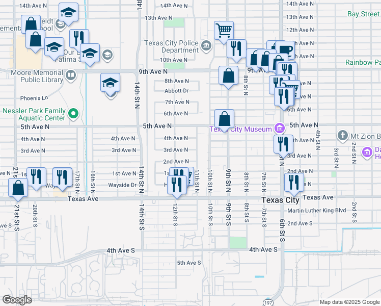 map of restaurants, bars, coffee shops, grocery stores, and more near 1127 4th Avenue North in Texas City