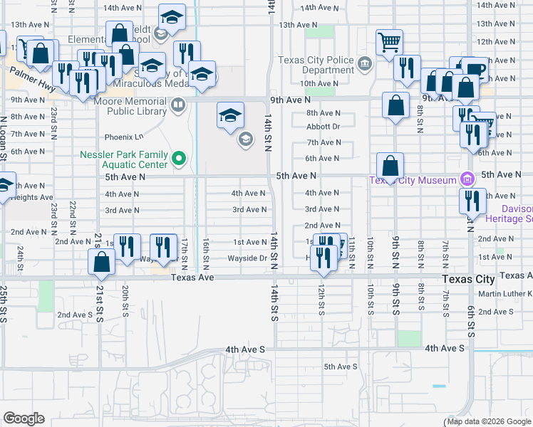 map of restaurants, bars, coffee shops, grocery stores, and more near 1417 4th Avenue North in Texas City