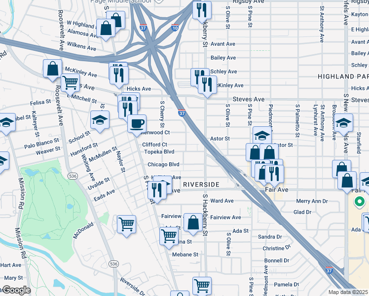 map of restaurants, bars, coffee shops, grocery stores, and more near 303 Clifford Court in San Antonio