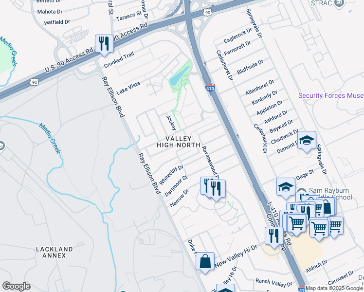 map of restaurants, bars, coffee shops, grocery stores, and more near 414 Bridle Ridge in San Antonio