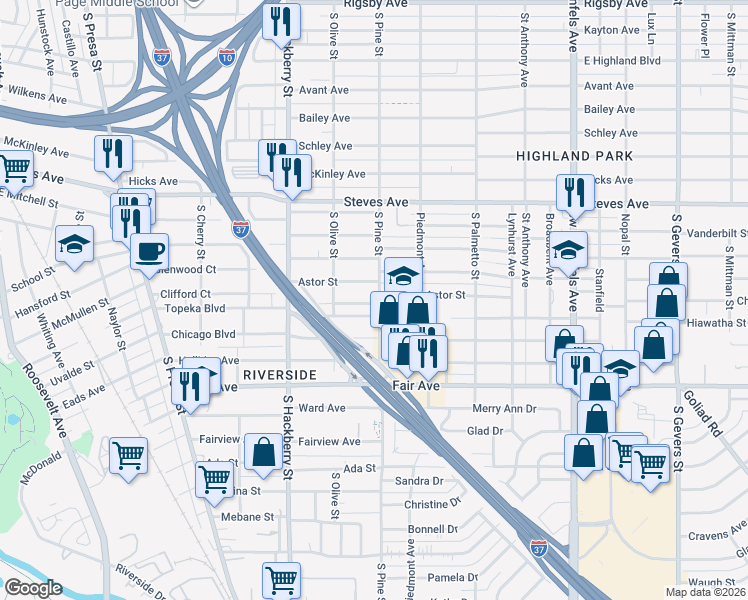 map of restaurants, bars, coffee shops, grocery stores, and more near 226 Astor Street in San Antonio