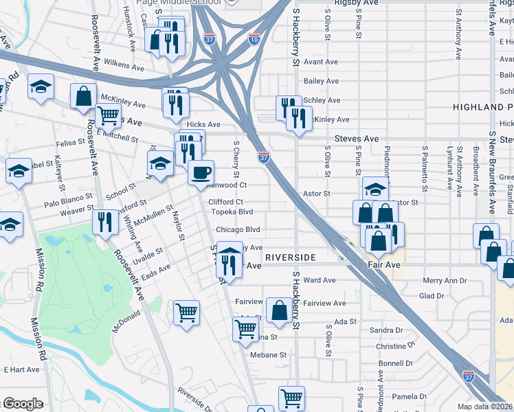 map of restaurants, bars, coffee shops, grocery stores, and more near 230 Clifford Court in San Antonio