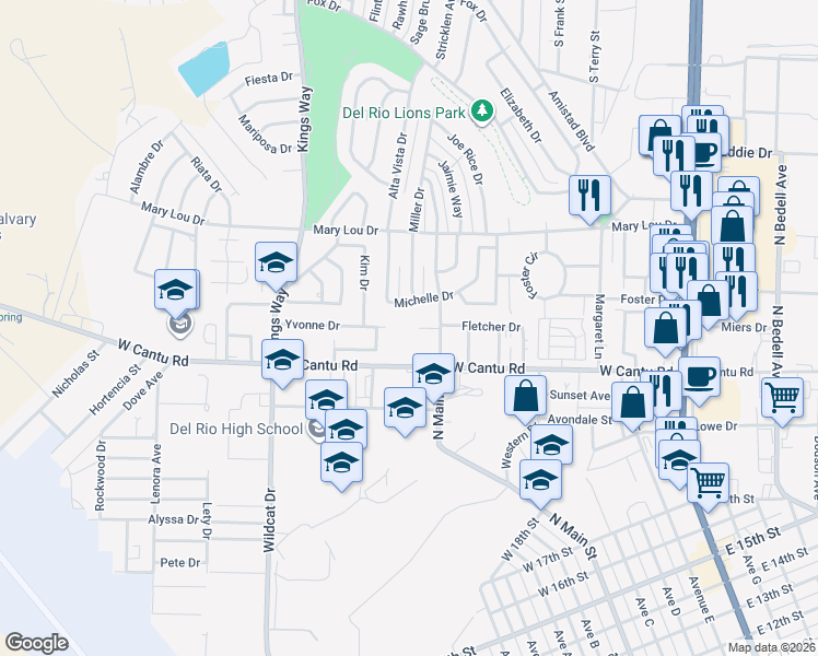 map of restaurants, bars, coffee shops, grocery stores, and more near 2402 North Main Street in Del Rio