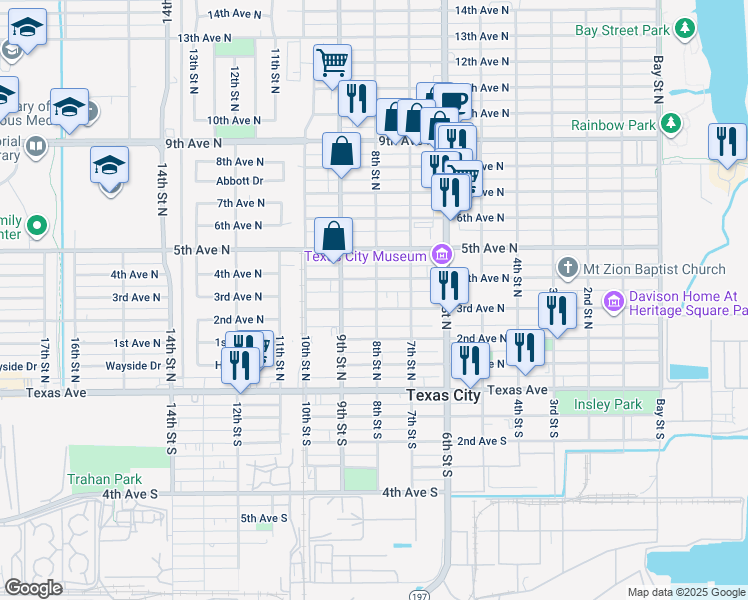 map of restaurants, bars, coffee shops, grocery stores, and more near 723 4th Avenue North in Texas City