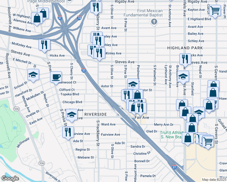 map of restaurants, bars, coffee shops, grocery stores, and more near 138 Astor Street in San Antonio