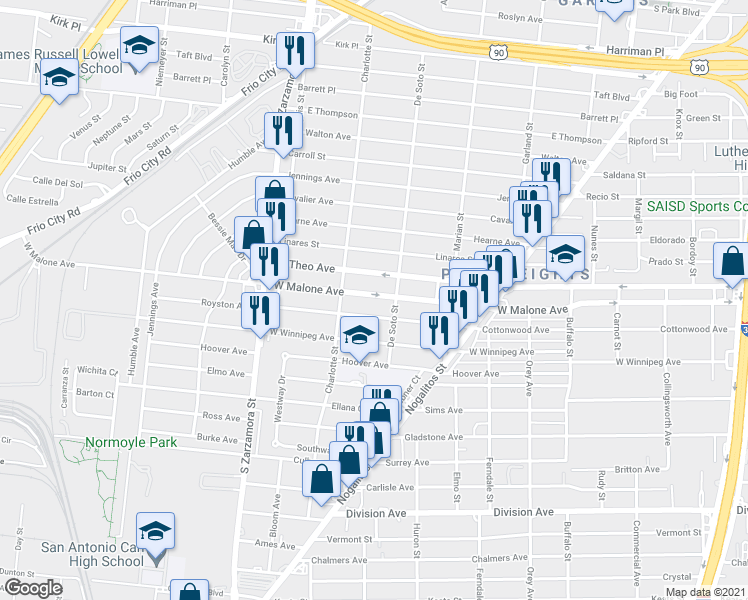 map of restaurants, bars, coffee shops, grocery stores, and more near 1202 West Theo Avenue in San Antonio