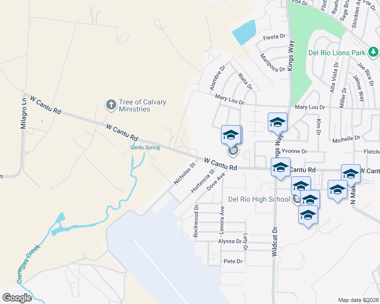 map of restaurants, bars, coffee shops, grocery stores, and more near 1210 West Cantu Road in Del Rio