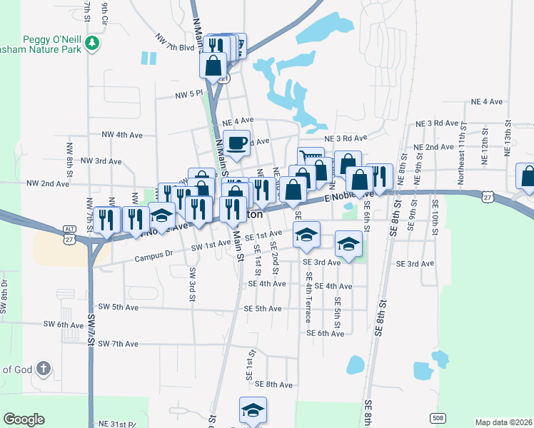 map of restaurants, bars, coffee shops, grocery stores, and more near 240 East Noble Avenue in Williston