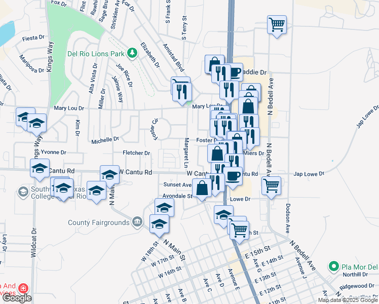 map of restaurants, bars, coffee shops, grocery stores, and more near 113 Mercedez Drive in Del Rio