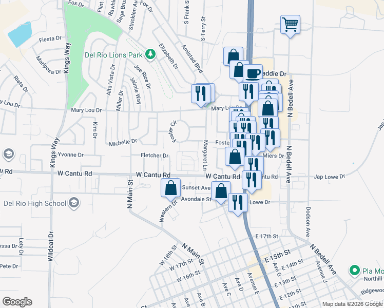 map of restaurants, bars, coffee shops, grocery stores, and more near Royal Way Drive in Del Rio