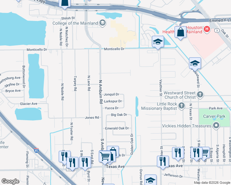 map of restaurants, bars, coffee shops, grocery stores, and more near 7902 Jonquil Drive in Texas City