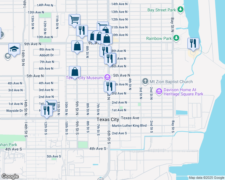 map of restaurants, bars, coffee shops, grocery stores, and more near 520 3rd Avenue North in Texas City
