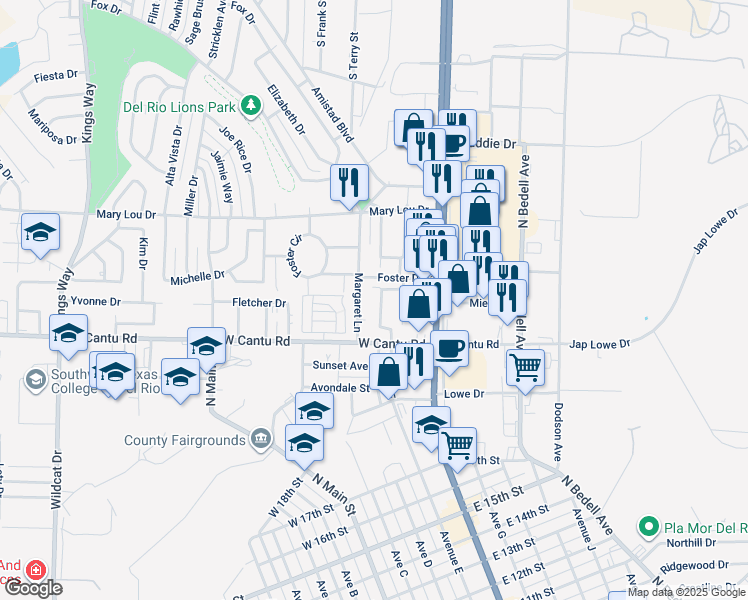 map of restaurants, bars, coffee shops, grocery stores, and more near 113 Mercedez Drive in Del Rio