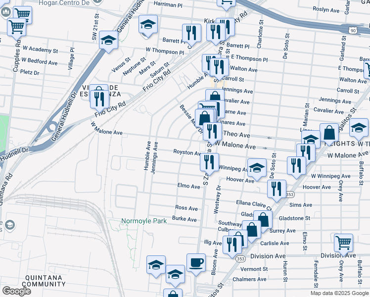 map of restaurants, bars, coffee shops, grocery stores, and more near 1710 West Malone Avenue in San Antonio