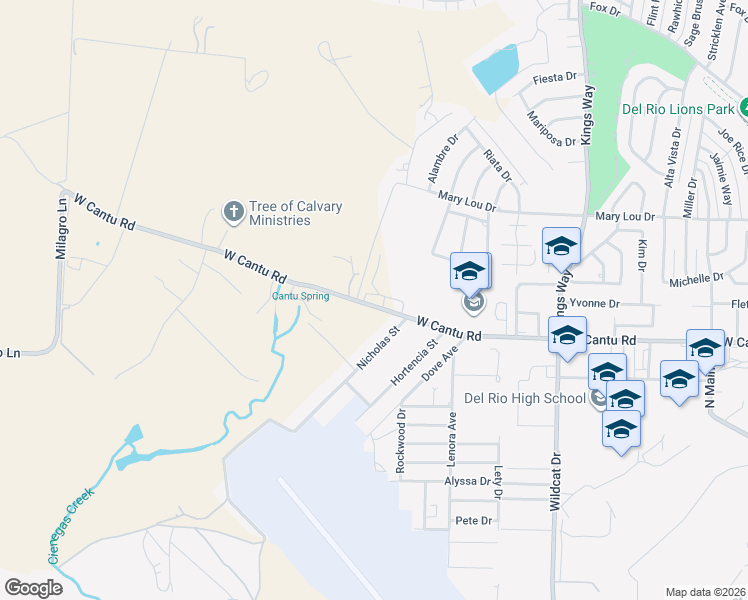 map of restaurants, bars, coffee shops, grocery stores, and more near 1210 West Cantu Road in Del Rio
