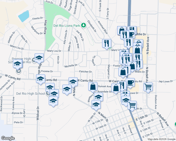 map of restaurants, bars, coffee shops, grocery stores, and more near 115 Deborah Kay Street in Del Rio