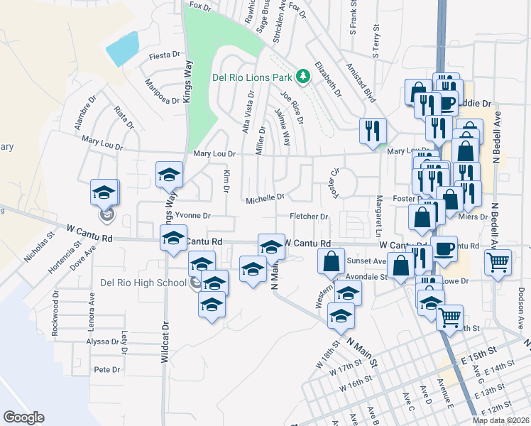 map of restaurants, bars, coffee shops, grocery stores, and more near 2402 North Main Street in Del Rio