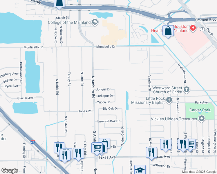 map of restaurants, bars, coffee shops, grocery stores, and more near 7902 Jonquil Drive in Texas City