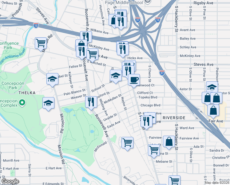 map of restaurants, bars, coffee shops, grocery stores, and more near 224 Hansford Street in San Antonio