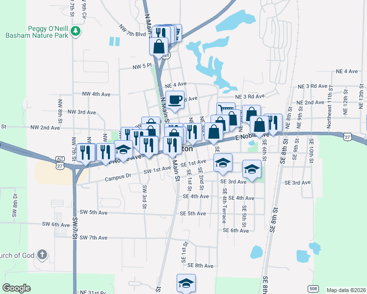 map of restaurants, bars, coffee shops, grocery stores, and more near 19 Northeast 1st Street in Williston