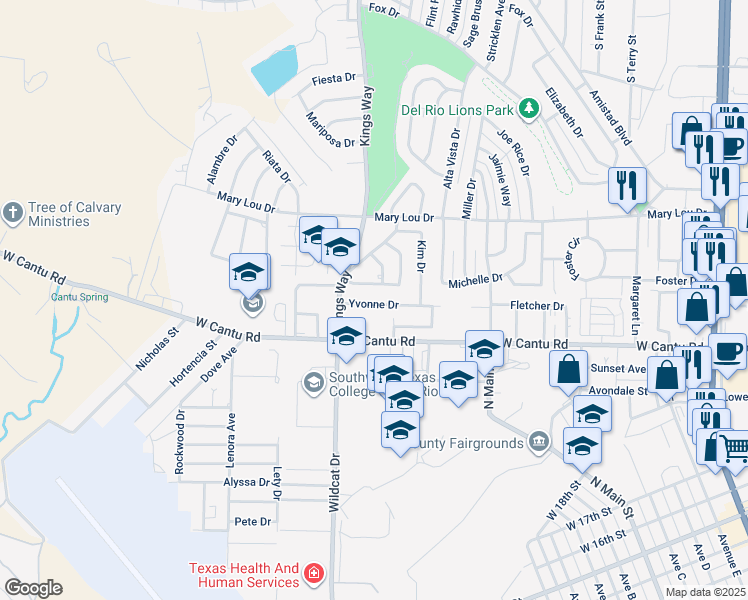 map of restaurants, bars, coffee shops, grocery stores, and more near 51 Yvonne Drive in Del Rio