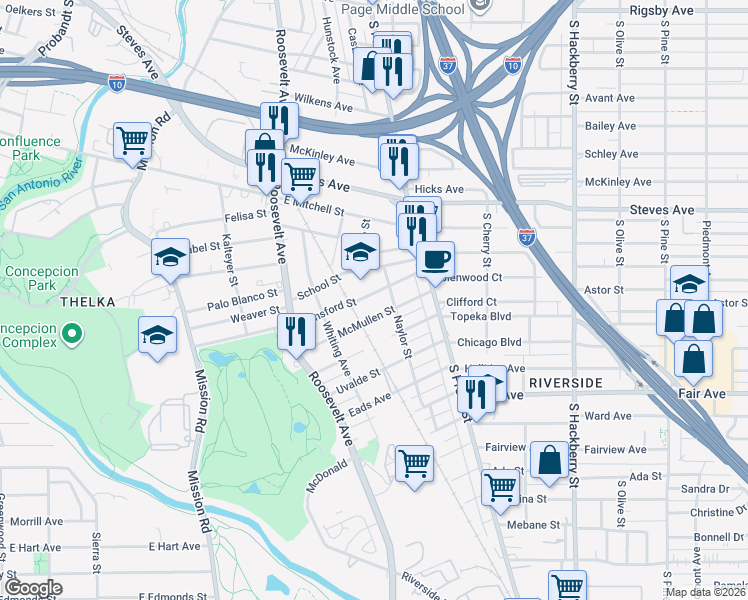 map of restaurants, bars, coffee shops, grocery stores, and more near 224 Hansford Street in San Antonio