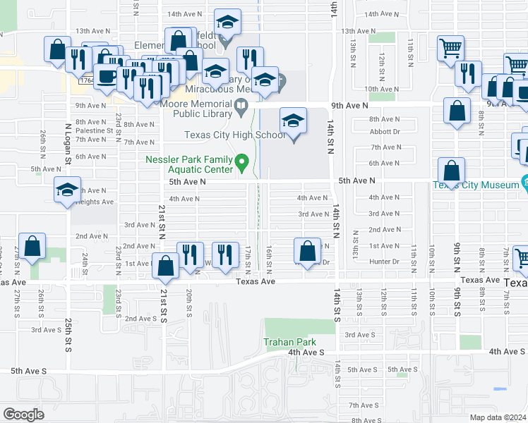 map of restaurants, bars, coffee shops, grocery stores, and more near 301 16th Street North in Texas City