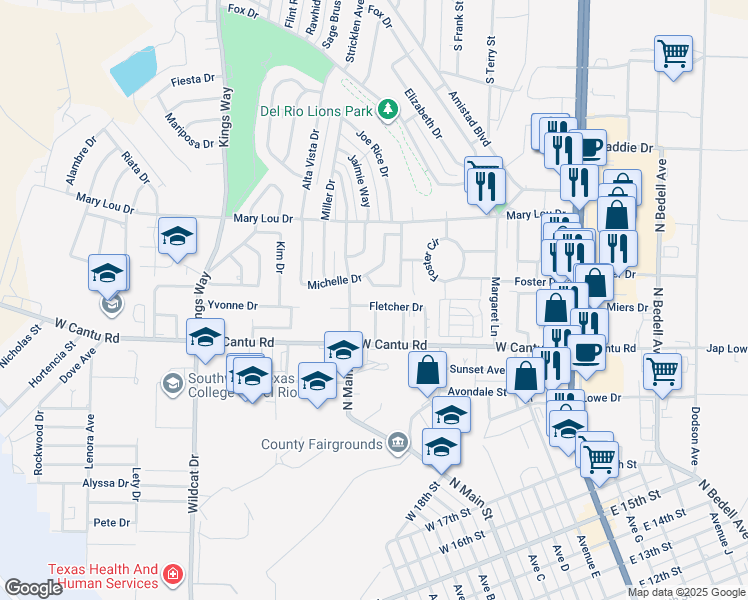map of restaurants, bars, coffee shops, grocery stores, and more near 219 Fletcher Drive in Del Rio
