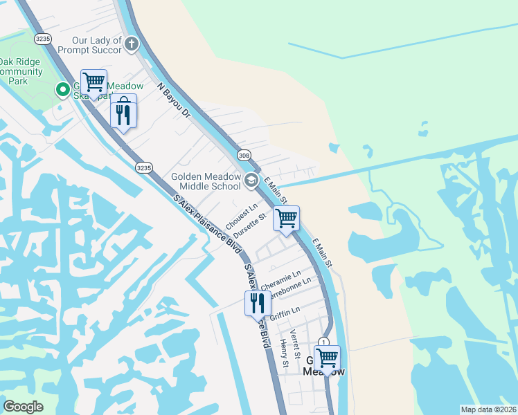 map of restaurants, bars, coffee shops, grocery stores, and more near 702 South Bayou Drive in Golden Meadow