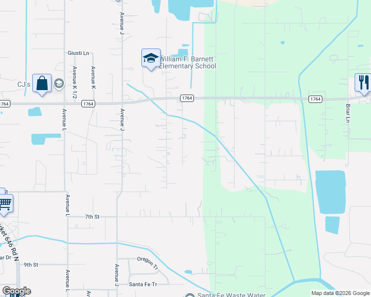 map of restaurants, bars, coffee shops, grocery stores, and more near 3721 Rush Road in Santa Fe