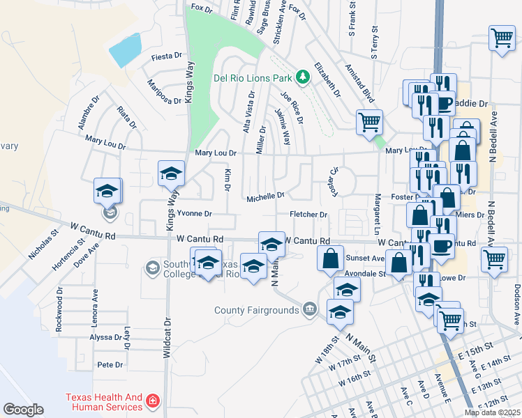 map of restaurants, bars, coffee shops, grocery stores, and more near 2402 North Main Street in Del Rio