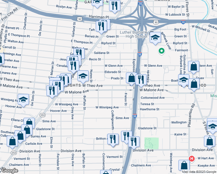 map of restaurants, bars, coffee shops, grocery stores, and more near 675 West Theo Avenue in San Antonio