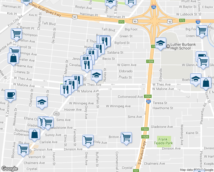 map of restaurants, bars, coffee shops, grocery stores, and more near 420 Nunes Street in San Antonio