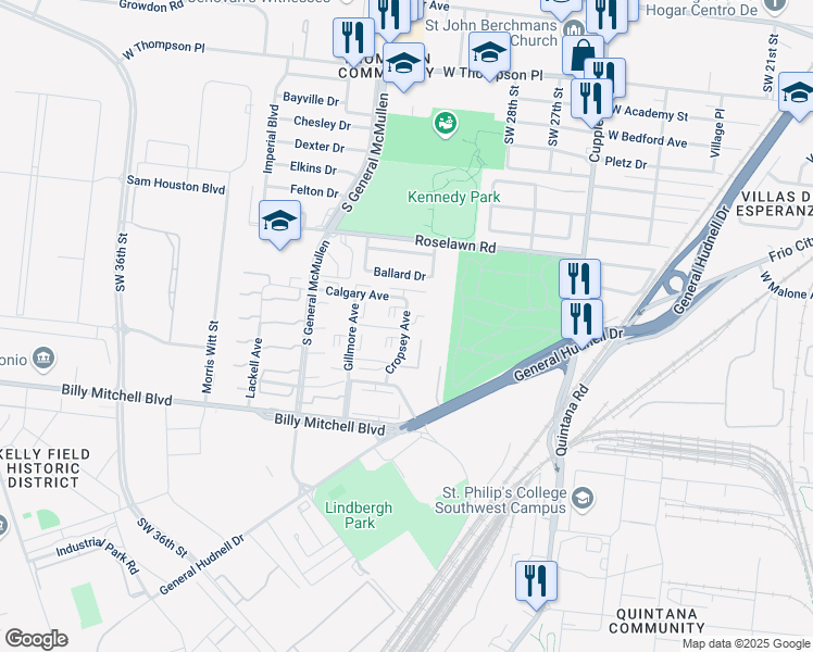 map of restaurants, bars, coffee shops, grocery stores, and more near 410 Cropsey Avenue in San Antonio