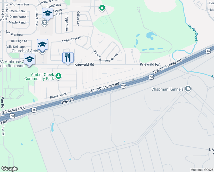 map of restaurants, bars, coffee shops, grocery stores, and more near 256 Westex Trail in San Antonio