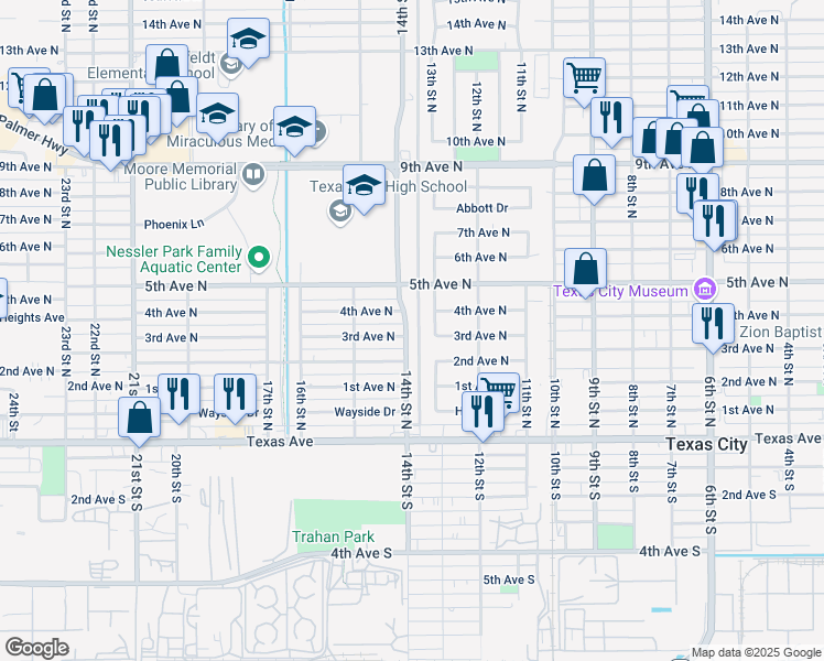 map of restaurants, bars, coffee shops, grocery stores, and more near 302 14th Street North in Texas City