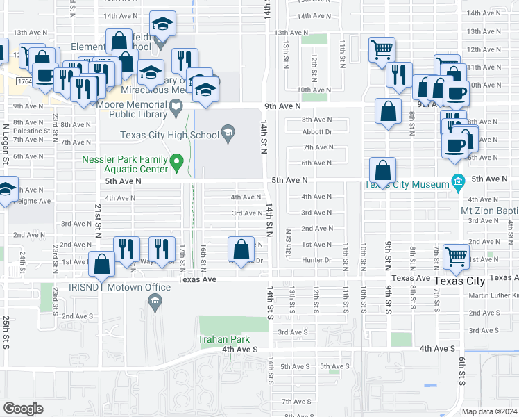 map of restaurants, bars, coffee shops, grocery stores, and more near 1410 3rd Avenue North in Texas City