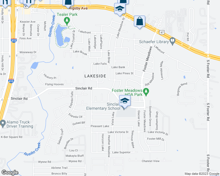map of restaurants, bars, coffee shops, grocery stores, and more near 5935 Sinclair Road in San Antonio