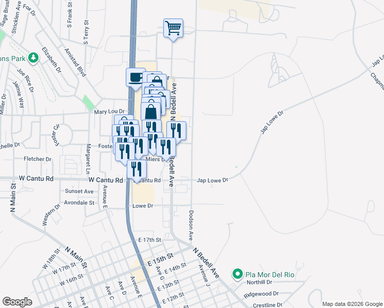 map of restaurants, bars, coffee shops, grocery stores, and more near 2210 Dodson Avenue in Del Rio