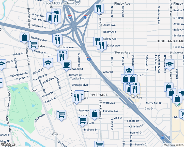 map of restaurants, bars, coffee shops, grocery stores, and more near 303 Clifford Court in San Antonio