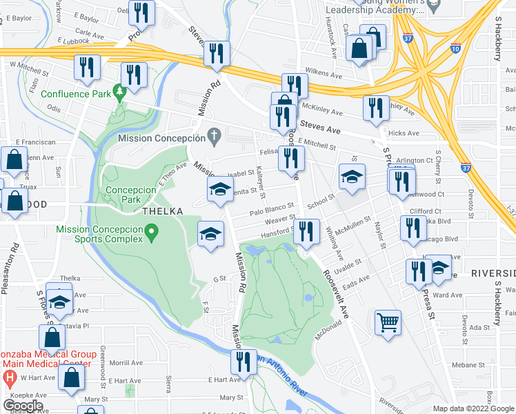 map of restaurants, bars, coffee shops, grocery stores, and more near 217 Palo Blanco Street in San Antonio